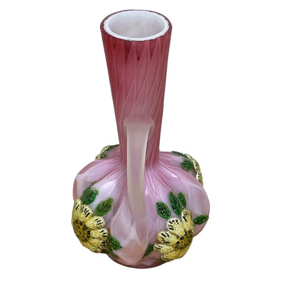 Thomas Webb Enameled Pink Satin Art Glass Vase With Beaded Flowers GUC - Picture 3 of 11